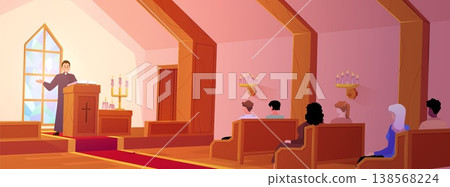 Priest makes a liturgy speech in church vector flat illustration, Christian religious persons praying, Chapel interior Priest makes a liturgy speech in church vector flat illustration, Christian religious persons praying, Chapel interior 138568224