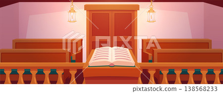 Church or chapel interior with altar wooden benches and lanterns vector cartoon illustration, cathedral worship room Church or chapel interior with altar wooden benches and lanterns vector cartoon illustration, cathedral worship room 138568233