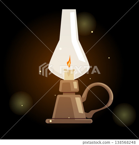 Vintage magic lantern burning candle with sparkles, vector antique bronze holder candlestick with handle, medieval lamp Vintage magic lantern burning candle with sparkles, vector antique bronze holder candlestick with handle, medieval lamp 138568248
