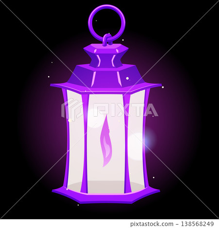 Vintage magic lantern with burning candle flat vector, cartoon fairytale antique purple hanging candlestick, wizard lamp Vintage magic lantern with burning candle flat vector, cartoon fairytale antique purple hanging candlestick, wizard lamp 138568249