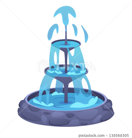 Multi-tiered stone fountain with flowing water and splashes. 138568305