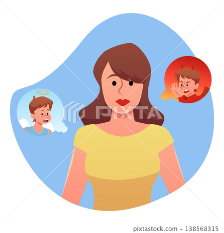Confused young woman with devil and angel on different sides, feel unsure about getting right or wrong decision vector Confused young woman with devil and angel on different sides, feel unsure about getting right or wrong decision vector 138568315