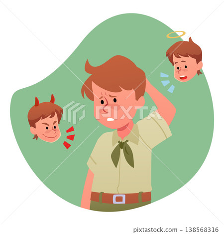Confused boy with devil and angel on different sides, vector child feel doubtful about getting right or wrong decision 138568316