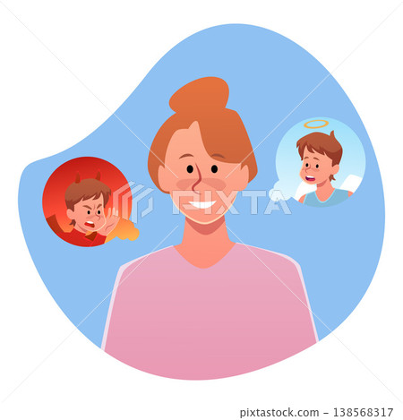A smiling woman with the heads of an angel and a devil on either side. A smiling woman with the heads of an angel and a devil on either side. 138568317