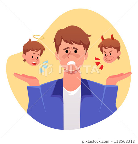 Confused young man with devil and angel on different sides decide or think, vector flat frustrated guy feel doubtful 138568318