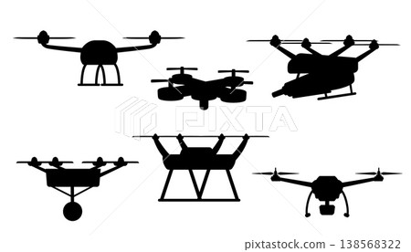 Drone vector black silhouette icons set, UAV Unmanned aerial vehicle, quadcopter with video camera or gun ammunition Drone vector black silhouette icons set, UAV Unmanned aerial vehicle, quadcopter with video camera or gun ammunition 138568322