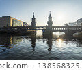 Oberbaum Bridge in Berlin at Sunrise time. Aerial view of Kreuzberg district, Berlin Capital City, Germany. 138568325