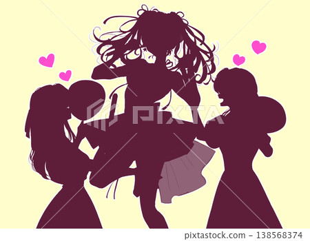 兩個女人手持扇子和螢光棒,托舉著一位正在唱歌跳舞的偶像,她們的身影構成了一幅剪影。 兩個女人手持扇子和螢光棒,托舉著一位正在唱歌跳舞的偶像,她們的身影構成了一幅剪影。 138568374