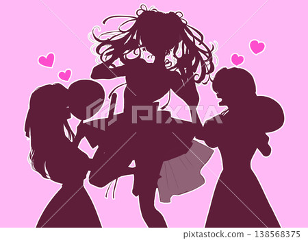 A silhouette of two women supporting an idol who is singing and dancing, holding fans and glow sticks. A silhouette of two women supporting an idol who is singing and dancing, holding fans and glow sticks. 138568375