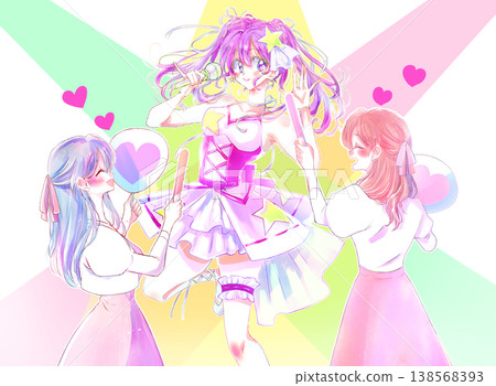 Two women are supporting an idol who is singing and dancing, holding fans and glow sticks; the lights are pink. Two women are supporting an idol who is singing and dancing, holding fans and glow sticks; the lights are pink. 138568393