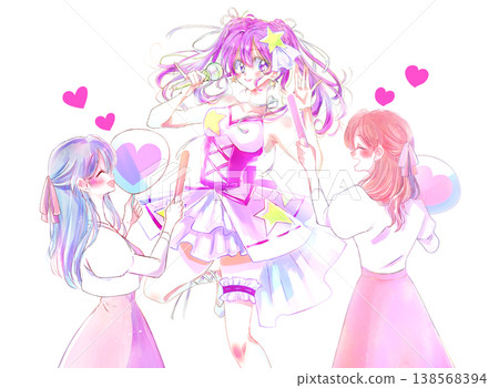 Two women, holding fans and glow sticks, are supporting an idol who is singing and dancing. The color is pink. Two women, holding fans and glow sticks, are supporting an idol who is singing and dancing. The color is pink. 138568394