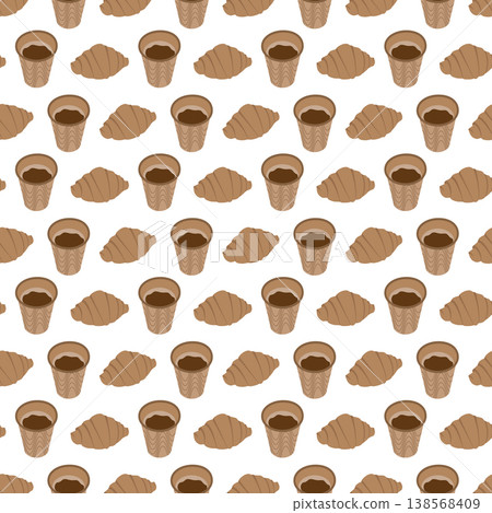 France croissant and disposable cup with coffee Seamless pattern National Croissant Day Background. Isolated Vector illustration bakery menu backdrop, delivery, print or promo minimalistic flat design France croissant and disposable cup with coffee Seamless pattern National Croissant Day Background. Isolated Vector illustration bakery menu backdrop, delivery, print or promo minimalistic flat design 138568409