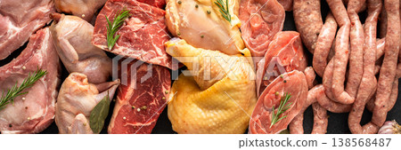 Various types of meat are displayed on a black surface. Beef steaks, quail, pork sausage, turkey, chicken fillet, and leg are arranged with herbs and spices, banner Various types of meat are displayed on a black surface. Beef steaks, quail, pork sausage, turkey, chicken fillet, and leg are arranged with herbs and spices, banner 138568487