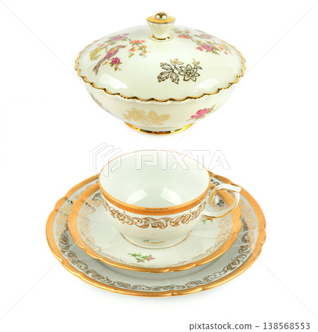 Antique Style Ceramic Sugar Bowl and Teacup Trio on White Background Antique Style Ceramic Sugar Bowl and Teacup Trio on White Background 138568553