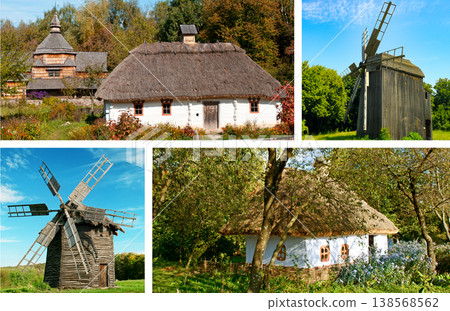 Vintage Ukrainian Village Life Mosaic with Wooden Church and Old Houses 138568562