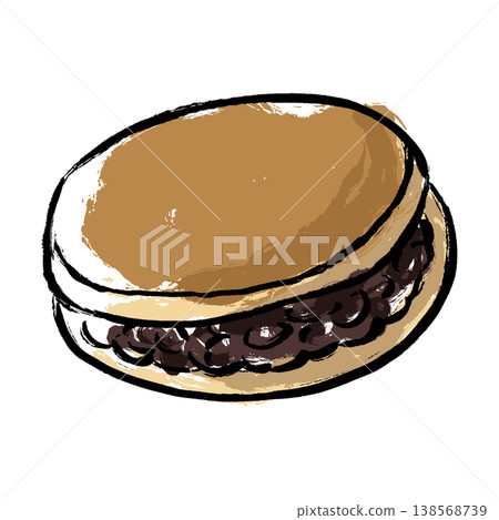 An illustration of a dorayaki filled with plenty of sweet red bean paste, drawn with a hand-drawn brushstroke style. 138568739