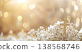 Golden bokeh background with small cross and white flowers for first communion banner and invitation design. Copy space. Frame for wedding or birthday. Happy Easter 138568746