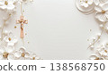 Minimal white floral frame with crucifix and gold accents for first communion invitation background and card layout. Copy space. Frame for wedding or birthday. Happy Easter 138568750