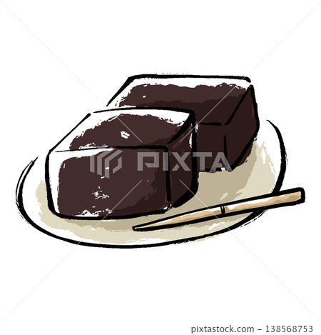 An illustration of two slices of yokan (sweet bean jelly) served on a small plate, along with a confectionery toothpick. An illustration of two slices of yokan (sweet bean jelly) served on a small plate, along with a confectionery toothpick. 138568753