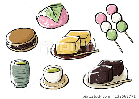 A set of hand-drawn illustrations of Japanese sweets such as sakura mochi and dorayaki, and green tea. 138568771
