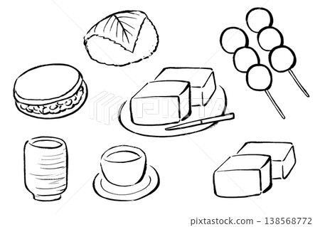 一組手繪的日本甜點插圖，例如櫻花麻糬、銅鑼燒和綠茶。 138568772
