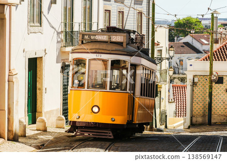 Yellow Tram in Alfama on Sunny Day. Lisbon, Portugal 138569147