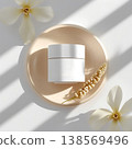 Minimalistic mockup of a cream jar on a beige plate with delicate flowers and soft shadows 138569496