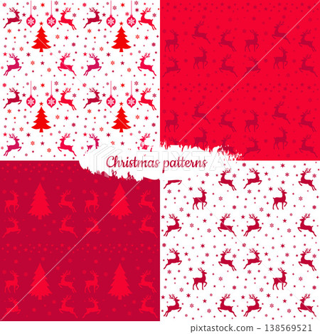 Set of 4 seamless patterns with reindeer, trees and festive elements Set of 4 seamless patterns with reindeer, trees and festive elements 138569521
