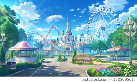 一幅充滿活力、動漫風格的遊樂園場景，畫面中有城堡和摩天輪。 138569561