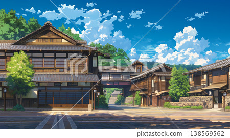 以傳統日本城鎮景觀為背景的動漫風格插畫 138569562