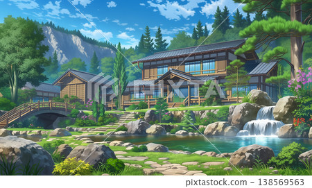 一幅動漫風格的插圖，描繪了一座帶有瀑布和日式庭園的傳統日式建築。 138569563