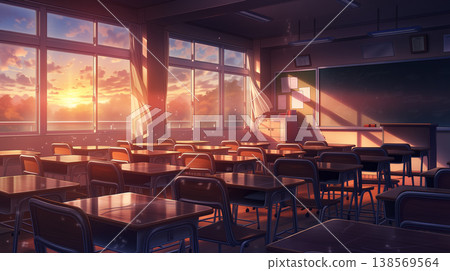 黃昏時分的空教室（動漫風格插畫） 138569564
