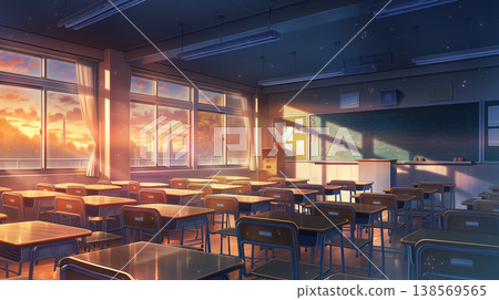 黃昏時分的空教室（動漫風格插畫） 138569565