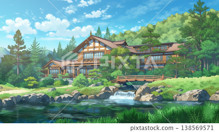 一幅動漫風格的插圖，描繪了一座傳統的日式建築矗立在森林中央的池塘邊。 138569571