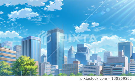 一幅動漫風格的插圖,描繪了高聳入雲的城市天際線,映襯著蔚藍的天空。 一幅動漫風格的插圖,描繪了高聳入雲的城市天際線,映襯著蔚藍的天空。 138569593