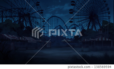 夜色靜謐中，一座廢棄的遊樂園和摩天輪靜靜佇立。 138569594