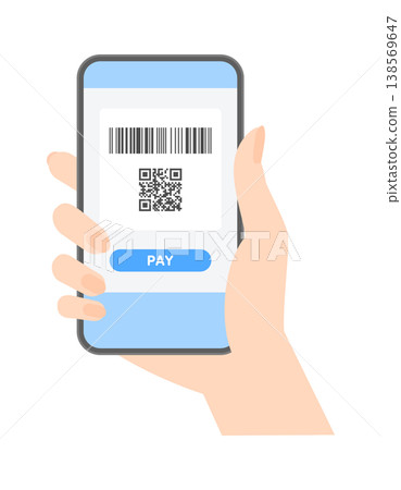 An illustration of a woman's hand making a cashless payment by showing a smartphone displaying a barcode, QR code, and the word "PAY". 138569647