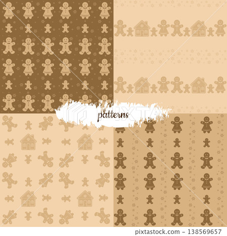 Gingerbread Christmas Seamless Pattern Set in Neutral Colors 138569657