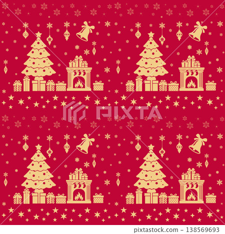 Red Christmas Seamless Pattern with Tree and Fireplace 138569693