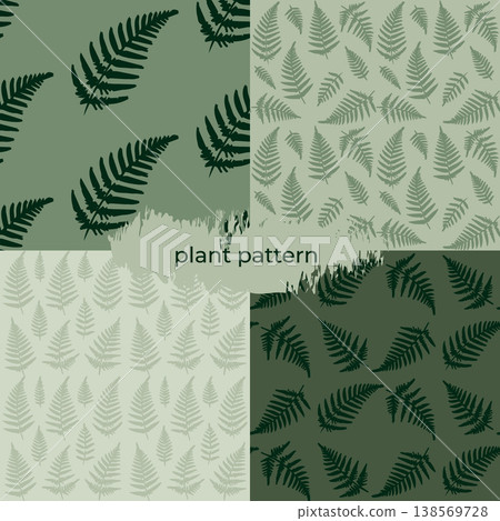 Set of seamless fern leaf patterns in minimal botanical style with soft green tones. 138569728