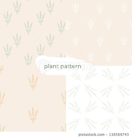 Set of seamless lavender patterns in soft neutral tones with minimal botanical style. 138569743