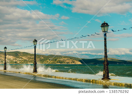 Promenade walking area on seaside in greek resort 138570292