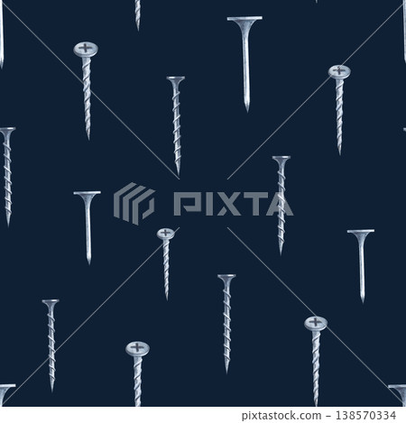 Seamless pattern with iron screws and nails on a dark blue background. Vertical watercolor illustration with working tools for packaging, wallpaper, wrapping paper, as well as for decorating repair 138570334
