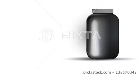 A realistic 3D mockup of a shiny black jar for supplements, protein or vitamins. Minimalist composition on a white background with soft shadow and copy space. Clean design for advertising A realistic 3D mockup of a shiny black jar for supplements, protein or vitamins. Minimalist composition on a white background with soft shadow and copy space. Clean design for advertising 138570342