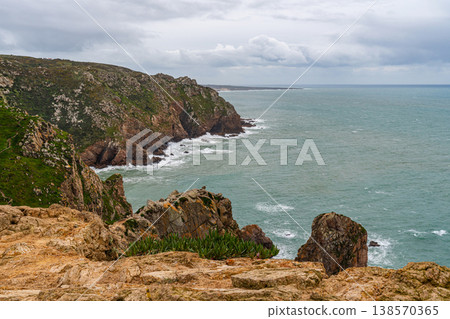 Cabo da Roca cliff over Atlantic ocean Portugal 138570365