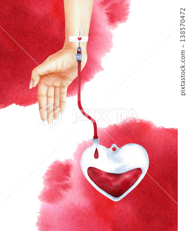 Hand-painted medical illustration of human hand with intravenous catheter, draining blood into heart-shaped donor bag. Isolated from background with red watercolor spots. Template with copy space Hand-painted medical illustration of human hand with intravenous catheter, draining blood into heart-shaped donor bag. Isolated from background with red watercolor spots. Template with copy space 138570472