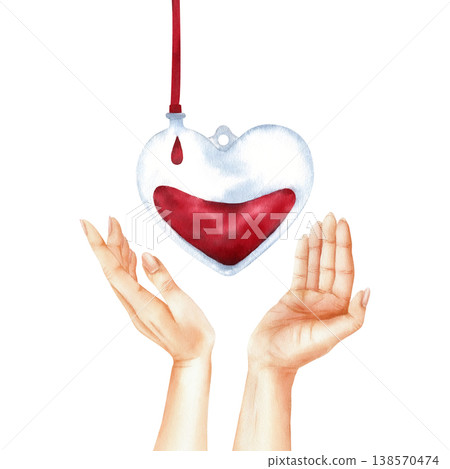 Blood donation concept. Hands pointing upward toward a heart-shaped blood bag with drop and medical tubing. Watercolor hand painted illustration Isolated from background for healthcare design Blood donation concept. Hands pointing upward toward a heart-shaped blood bag with drop and medical tubing. Watercolor hand painted illustration Isolated from background for healthcare design 138570474