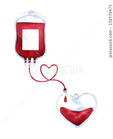 Medical illustration showing two IV blood bags connected by plastic tube forming a heart shape. Symbol of life saving, blood transfusion, donation and charity. Watercolor art isolated from background Medical illustration showing two IV blood bags connected by plastic tube forming a heart shape. Symbol of life saving, blood transfusion, donation and charity. Watercolor art isolated from background 138570475
