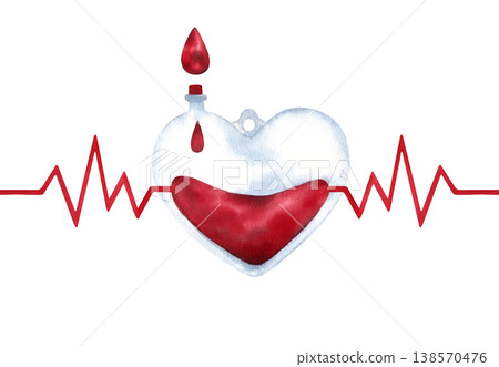 Watercolor illustration of heart-shaped donor blood bag with electrocardiogram pulse line and drop of blood. Heartbeat rhythm. Cardiology, blood donation concept for cards. Hand painted isolated art Watercolor illustration of heart-shaped donor blood bag with electrocardiogram pulse line and drop of blood. Heartbeat rhythm. Cardiology, blood donation concept for cards. Hand painted isolated art 138570476