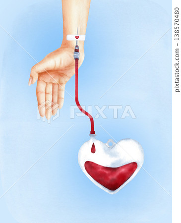 Medical watercolor hand-painted illustration of human arm with intravenous catheter, draining blood into heart-shaped donor bag. Single drop of blood as life-saving care, cardiac support, charity Medical watercolor hand-painted illustration of human arm with intravenous catheter, draining blood into heart-shaped donor bag. Single drop of blood as life-saving care, cardiac support, charity 138570480